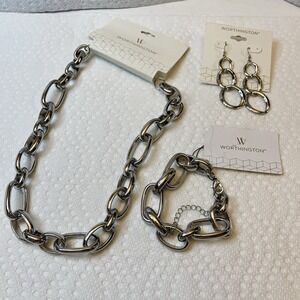 WORTHINGTON 3 Pc Necklace Bracelet Earrings Chunky Chain Link Silver Tone NWT
